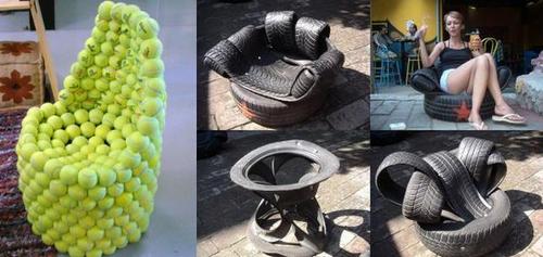 sedia fatta con palline da tennis e sedia fatta con pneumatici
